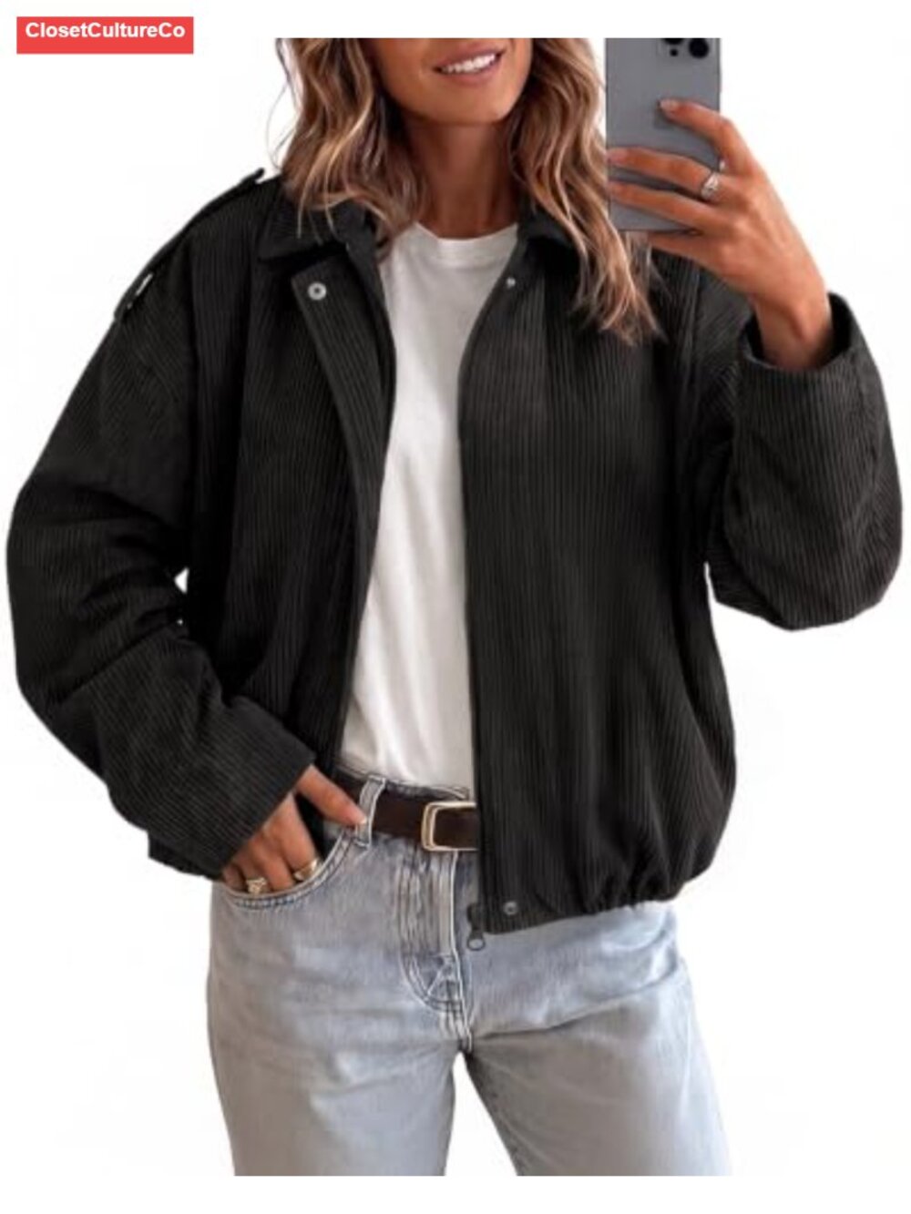 Cropped Corduroy Bomber Jacket Zip Up Ruched Hem Casual